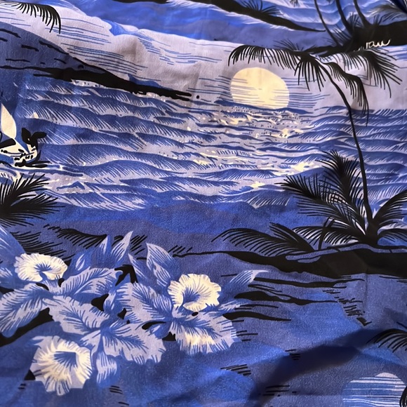Vintage Han Ton blue palm trees aloha Hawaiian button camp shirt flowers XXL/2XL - Picture 12 of 13